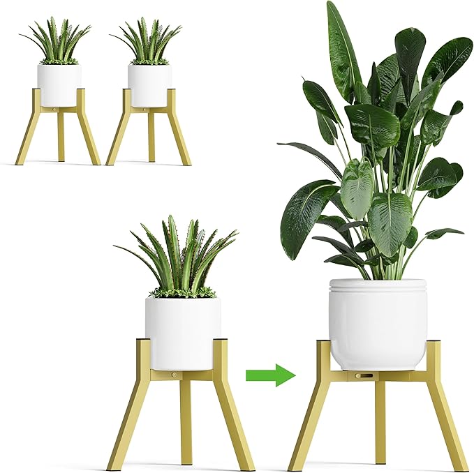 Adjustable Plant Stands Set of 2, Metal Modern Small Plant Holder, Heavy Duty Stable Flower Holder Stand Rack for 10-16 Inch Indoor Outdoor Corner Living Room Balcony Office Golden PS-007GY-2