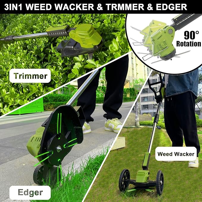 Cordless Weed Wacker Eater Battery Powered, 21V Lightweight Electric Weed Trimmer with 2 Battery Operated & Charger& Wheels & Shears, No-String Grass Trimmer/Brush Cutter/Lawn Edger for Yard Garden