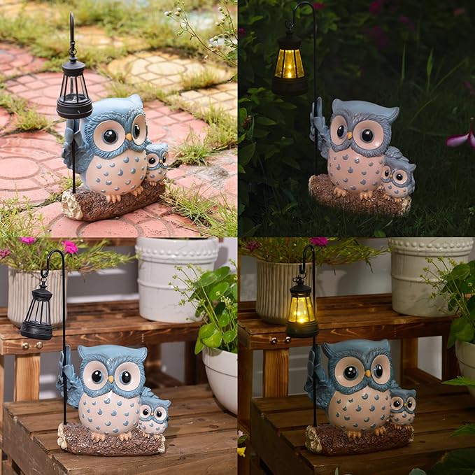 Garden Statues Owl with Solar LED Lantern, Resin Solar Garden Decor for Outside, Yard Decorations Outdoor for Patio, Porch, Balcony, Lawn Ornaments, House Warming Birthday Gifts for Mom Women Grandma