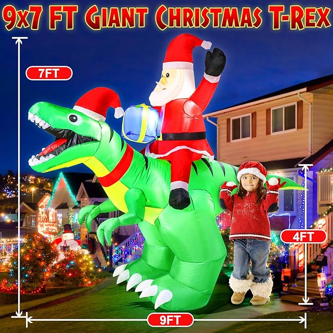 9x7FT Christmas Inflatables with LED Santa Ride on Dinosaur Outdoor Christmas Dinosaur Inflatable Blow Up Yard Decorations with Sandbags Stakes Strings for Garden Decor