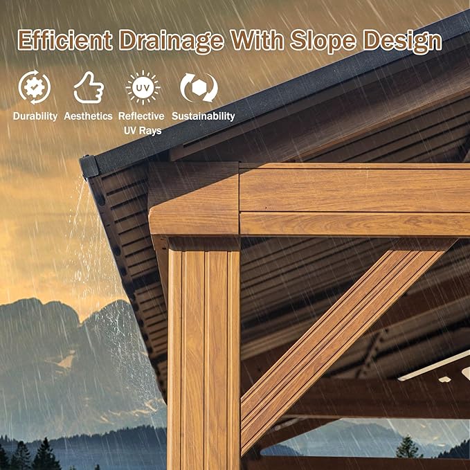 Domi 12' X 20' Hardtop Gazebo with Galvanized Steel Gable Roof and Wood Grain Aluminum Frame, Outdoor Permanent Gazebo Pavilion for Patio, Garden, Deck, Backyard