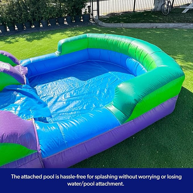 HeroKiddo 16’ Purple Tropical Lightweight Premium Commercial Grade Water Slide Inflatable with Attached Pool for Kids and Adults (with Blower), Wet Dry Use, Summer Fun
