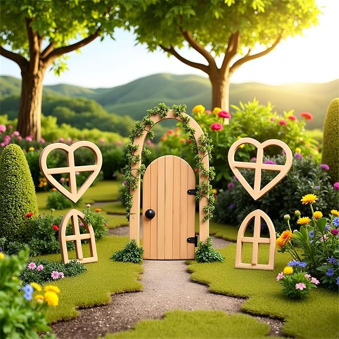 12Pcs Brown Wooden Fairy Garden Door,Blank Doors Fairy House Door and Windows Ornaments Tree Statues for Tree Trunk Yard Decoration Miniature Garden Buildings and Structures