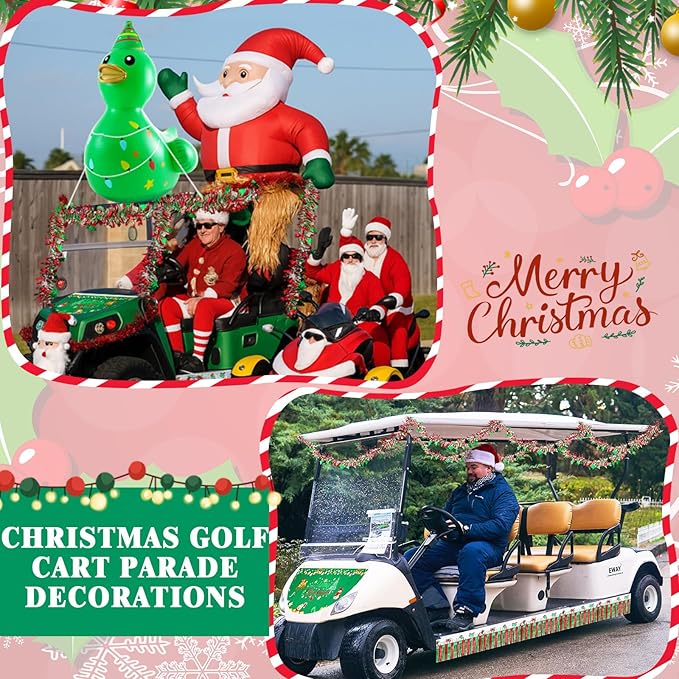 Hungdao 9 Pcs Christmas Golf Cart Parade Decorations Include 1 Pcs 4 Feet Inflatable Giant Xmas Tree Duck with Float Bunting Flag Tinsel Garland for Christmas Car Yard Party Decoration