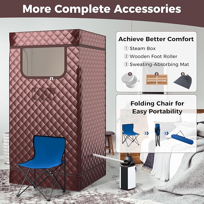 COSTWAY Portable Steam Sauna, Personal Home Sauna Tent w/ 3L Steam Generator, Foldable Chair, Remote Control, 9-Level Adjustable Temperature, Timer, Full-Size Indoor Steam Room for Home Spa (Coffee)