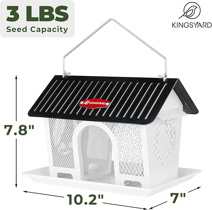 Kingsyard Metal Bird Feeders for Outdoors Hanging, Wild Bird Feeder with Seed Tray and Weatherproof Roof, 3 lbs Seed Capacity, White