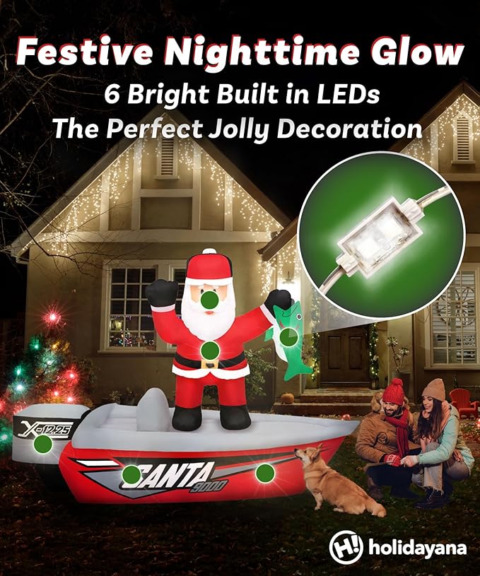 Holidayana Christmas Inflatables Large 6 ft Santa Fishing Boat - Inflatable Outdoor Christmas Decorations Blow Up X-mas Decorations for Yard, Lawn & Garden Internal Lights & Built-in Fan