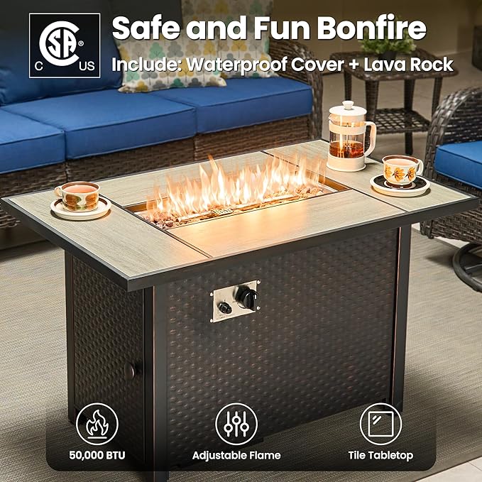 ovios 7 Pieces Patio Furniture Set, Outdoor Wicker Sofa Couch with Swivel Chairs 42" Fire Pit Table, High Back All Weather Modern Conversation Sets, Brown Rattan, Navy Blue