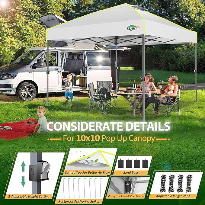 COBIZI 10x10 Pop Up Canopy Tent 1-Button Push Easy up Outdoor Canopy Instant Portable Commercial Shelter Waterproof UPF50+ Gazebo with Reflective Strip, Air Vent & 4 Sandbags,White