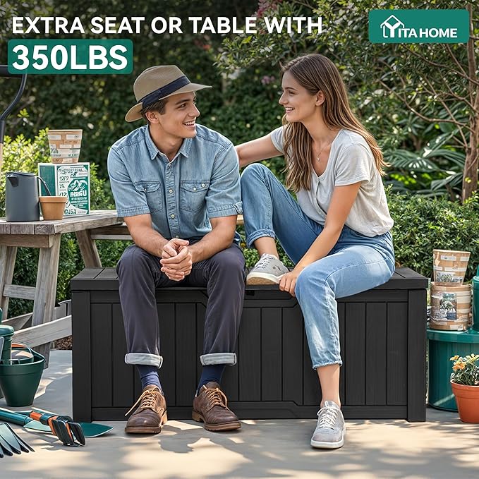 YITAHOME 120 Gallon Resin Deck Box, Weather Resistant Outdoor Storage Box for Patio Cushions, Garden Tools, Pool Supplies, Lockable, Easy With Tool Assembly, Extra Seat or Table (Black)