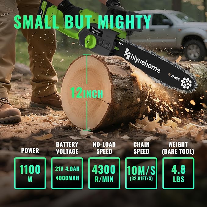 Mini Chainsaw 12inch, Chainsaw Cordless w Automatic Oiler, Handheld Electric Power Chain Saw w Security Lock, Brushless Motor,Chainsaws for Wood/Trees Trimming (Green - 2 batteries, 12 INch)