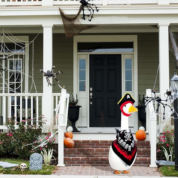 Halloween Pirate Lawn Porch Goose Outfit 23"/ 17'' Pirate Style with Bandana and Hat Costume Cement Goose Statue Clothes for Outdoor Patio Yard Art Decoration Cosplay