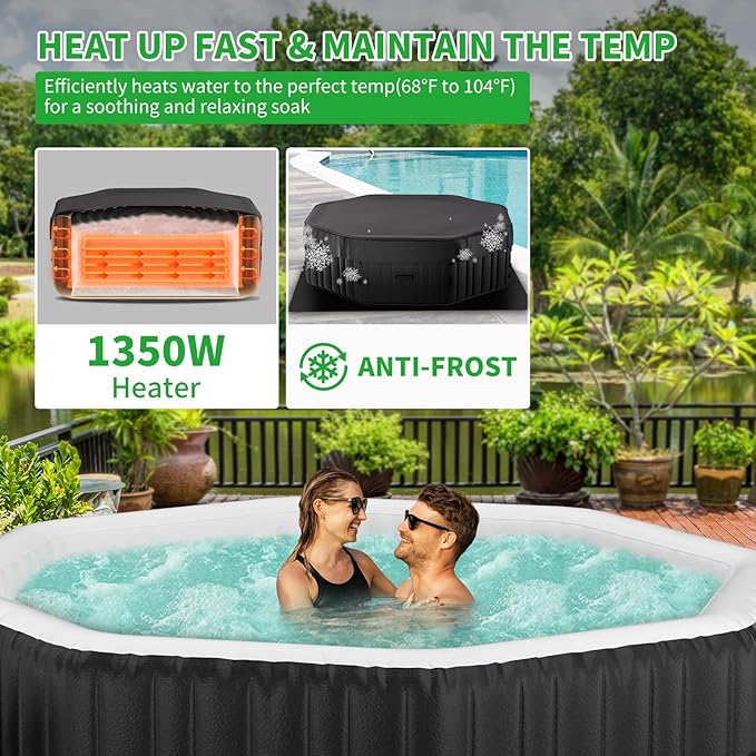 Inflatable Hot Tub, 4-6 Person Polygon Portable Blow Up Hot Tub, Leak-Proof PVC Outdoor Spa with 130 Strong Air Jets, Heater Pump and Insulated Cover, 77” X 77”X 25”