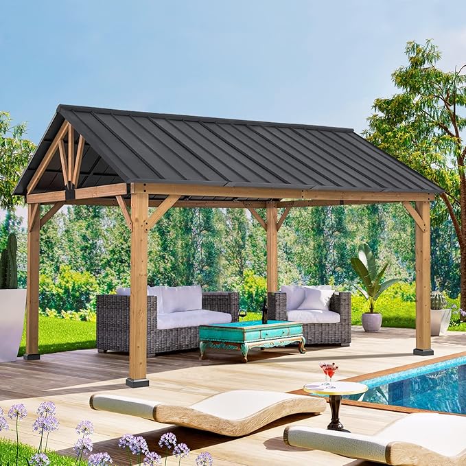 COOS BAY 11x13 Hardtop Gazebo with Cedar Wood Frame, Galvanized Steel Gable Roof Outdoor Pavilion for Garden, Lawn, Poolside, Patio, Deck, Natural Wood/Black