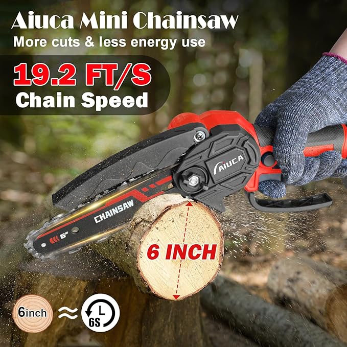6-Inch Mini Chainsaw, Cordless Handheld Electric Chainsaw with 2x 24V 4000mAh Batteries & 2 Chains, Lightweight & Portable, for Tree Trimming, Wood Cutting, Gardening, Outdoor & Household Use (Red)
