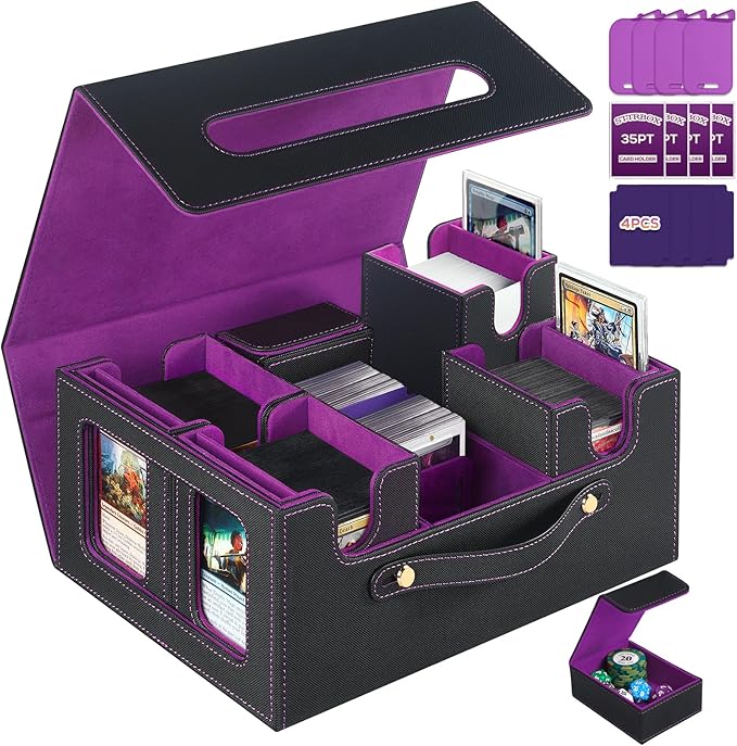 Trading Card Storage Box for MTG, card storage box with Commander Display，Multi-purpose Deck Case for MTG TCG Sports Card, 4 Toploaders, 4 Stoppers, 4 Colorful Dividers (Black & Purple)