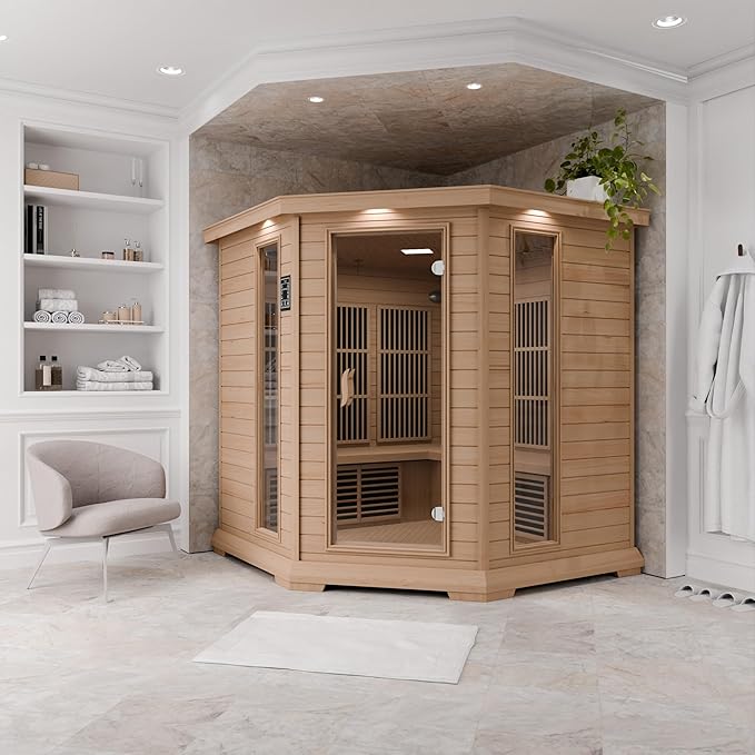 SteamSpa 1-5 Person Low EMF Carbon FAR Infrared Hemlock Wood and Tempered Glass Indoor Home Sauna Room with LED Touch Control Panel, Color LED Therapy Light, Bluetooth Speaker, Oxygen