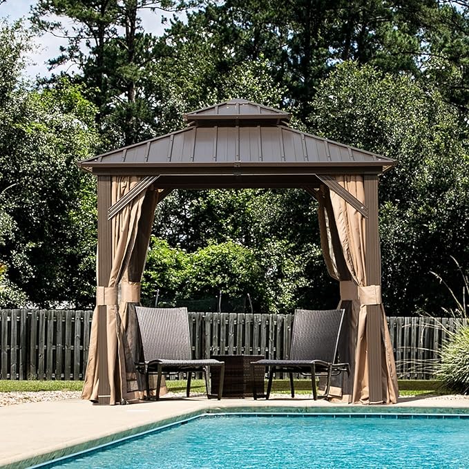 Domi 8’ X 8’ Hardtop Gazebo Canopy with Netting & Curtains, Outdoor Gazebo with Galvanized Steel Double Roof for Patio Lawn and Garden, Brown