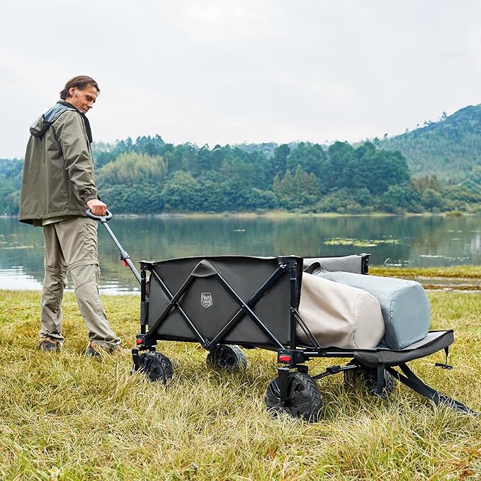 TIMBER RIDGE Beach Wagon with Tailgate, 550lbs Heavy Duty Collapsible Wagon with All-Terrain Big Brakes Wheels, Foldable Utility Cart for Sand Sports Shopping, Gray