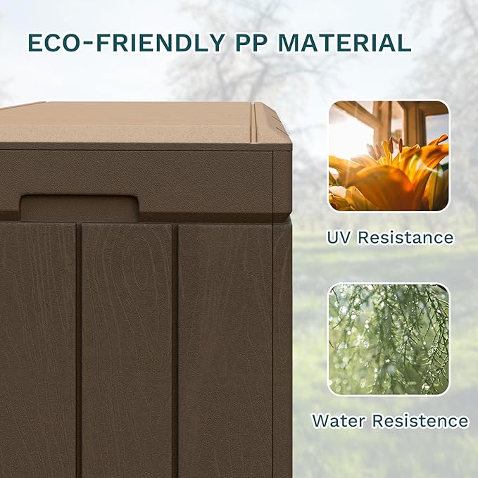 Patiolife 85 Gallon Resin Deck Box, Wood Like Outdoor Storage Box for Garden Tools, Pool Supplies, Waterproof and Lockable, Brown