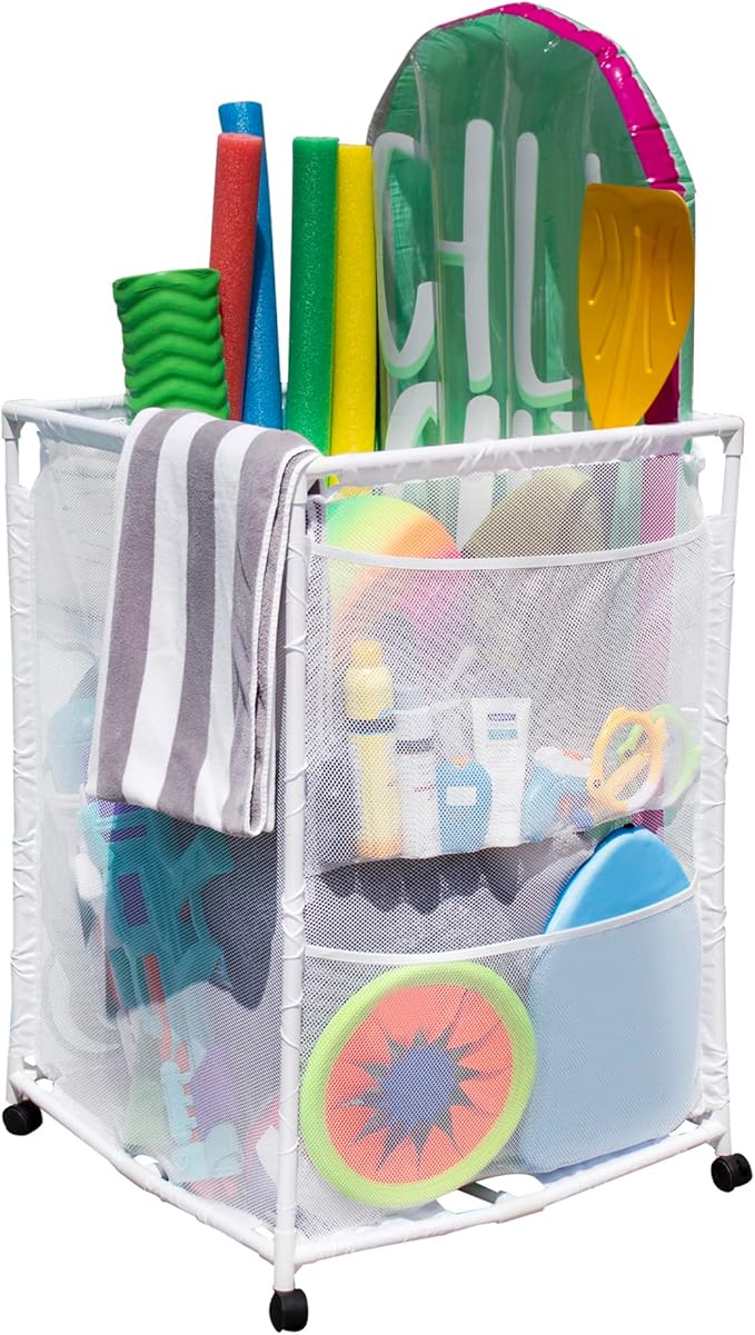 Essentially Yours Rolling Pool Storage Organizer Bin, Medium, (25.4" W x 25.4" L x 40" H), White Style 417227