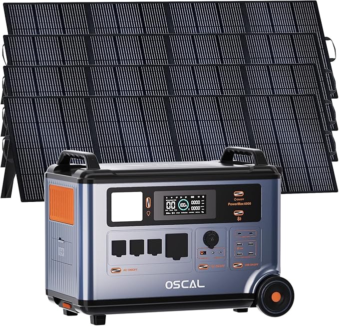 OSCAL 6000W Solar Generator With 4×400W,120V/240V Split Phase Voltage Portable Power Station PowerMax 6000, 4 * 6000w AC Output (9000W Surge),2400W MPPT Solar for Emergency 777