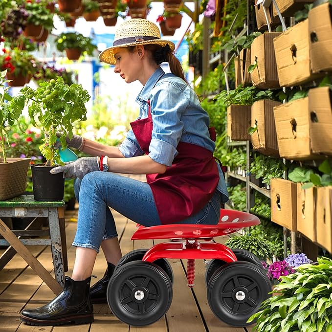 Rolling Garden Seat, Garden Cart with 360° Swivel Work Seat & Adjustable Height, Heavy Duty Garden Seat with Wheels for Lawn Yard Patio Greenhouse Planting Cleaning (Red)