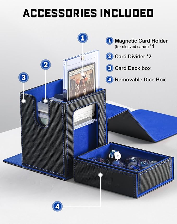 ZLCA MTG Commander Deck Box with Display Window,Deck Box Holds 100 Double-Sleeved with Dice Tray & 35pt Magnetic Card Holder（Black& Blue）