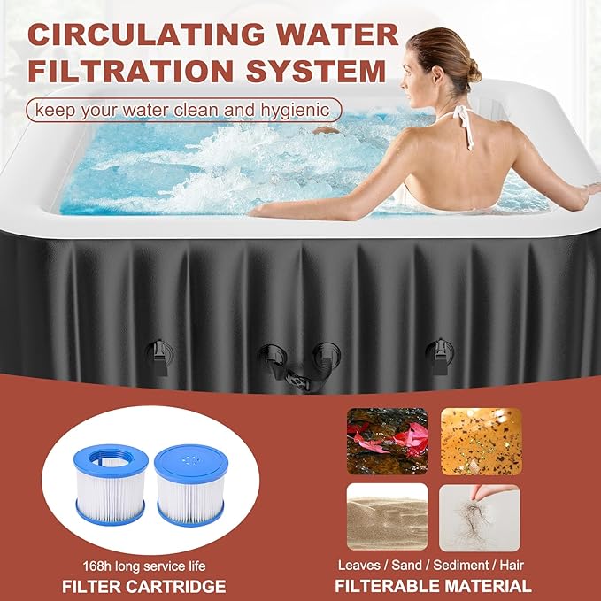 LILYPELLE 2-4 Person Inflatable Hot Tub, Large Square Portable Hot Tub with 120 Bubble Jets, Outdoor Spa Set Included Heater Pump, Filter and Spa Cover, 60" X 60" X 25"