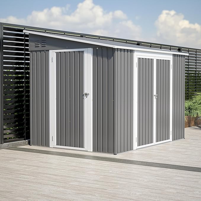 8x6 FT Outdoor Storage Shed W/Adjustable Lockable Double Side Doors,Metal Shed W/Floor Frame & 2 Air Vents,Garden Tool House W/Updated Frame Structure,for Backyard Patio Lawn,Gray