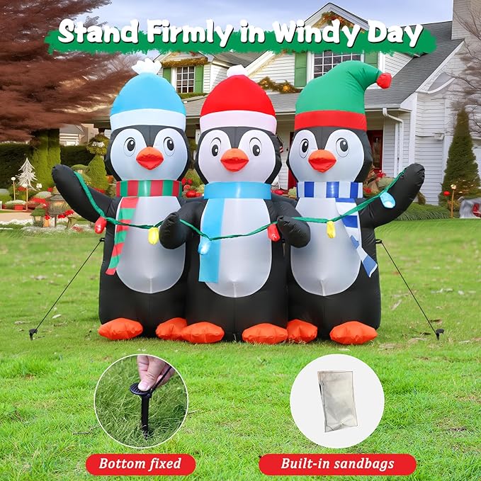 FunFanso 6 FT Christmas Inflatable Penguin Decoration, Blow up 3 Cute Penguins, Blowsup Decor, Built-in Bright LED Lights, Festival Decorations for Christmas Party Outdoor Yard Patio Garden Lawn Décor