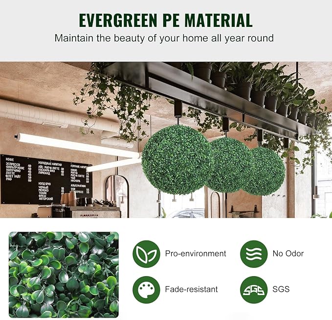 VEVOR 2 Pcs 20” Artificial Plant Topiary Ball, Faux Boxwood Balls with 2 LED Light String, All-Year Green Faux Plant Decorative Balls for Backyard, Balcony,Garden, Wedding and Home Décor