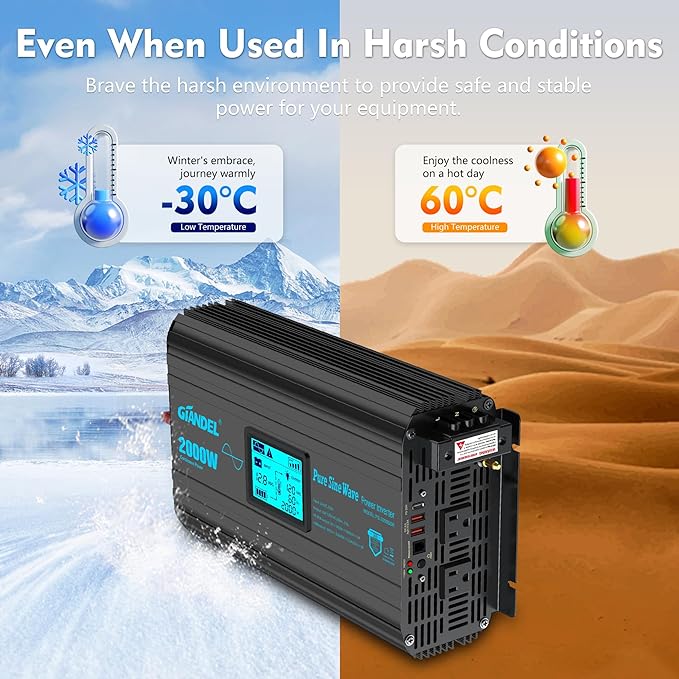 2000 Watt Pure Sine Wave Power Inverter 2000W 12V DC to 120 V AC Lithium Battery Compatible for RVs Off Grid Solar Boat Camper Starlinks System with 20Amps Hardwire Block and USB-C PD30W by GIANDEL