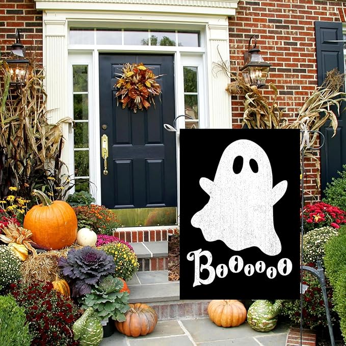 DECORLUXES Halloween Ghost Garden Flag Double Sided for Outside Boo Black Holiday Yard Decoration (Garden Flag)