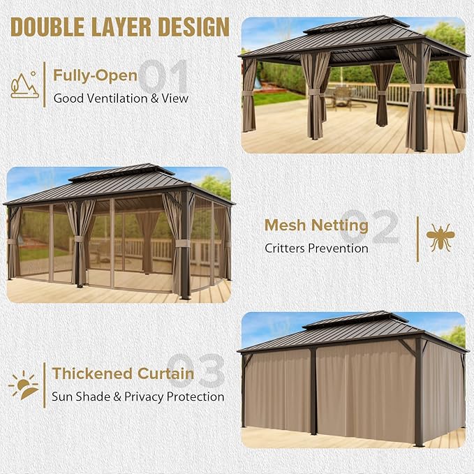COOS BAY 12x18 Hardtop Gazebo with Aluminum Frame, Galvanized Steel Double Roof Outdoor Pavilion with Netting and Curtains, Dark Brown/Tan
