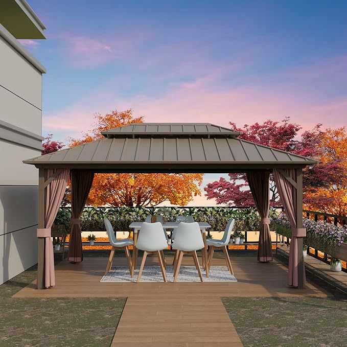 12'x16' Hardtop Gazebo, Outdoor Aluminum Frame Galvanized Steel Double Roof Pavilion with Netting and Shaded Curtains, Permanent Metal Pergolas for Patio, Backyard, Deck and Lawns.