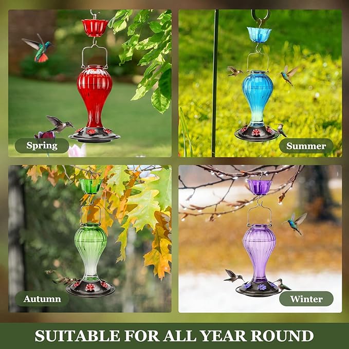 Kingsyard 2 Pack Glass Hummingbird Feeder 24 Ounces, 6 Feeding Ports, Hanging Bird Nectar Feeder for Outdoors Garden Yard Décor, Ant Moat Included, Red