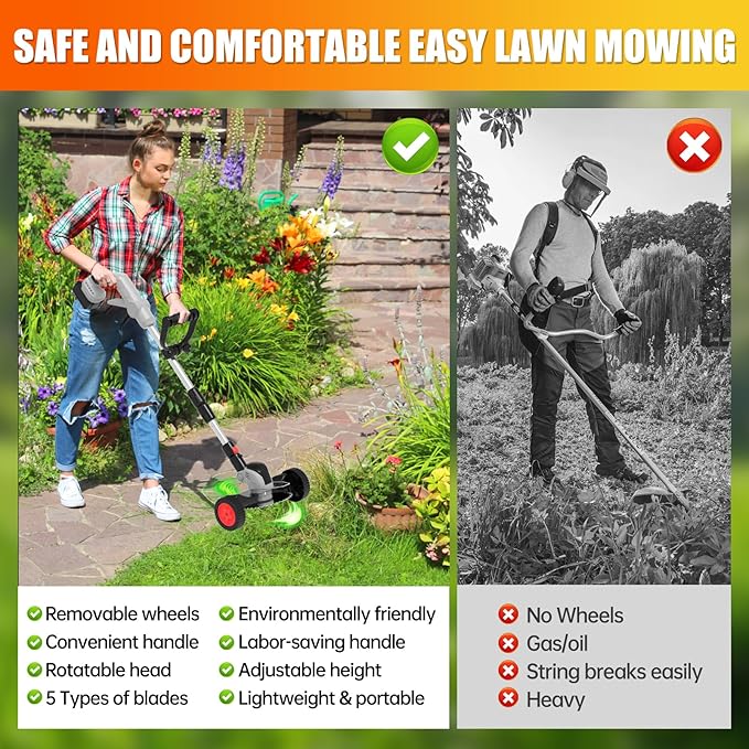 Electric Weed Wacker Eater Cordless String Trimmer Battery Powered, 21V/4000mAh Grass Trimmer Battery Operated Brush Cutter, 3 in 1 Lightweight Weed Trimmer/Lawn Edger/Trimmer Edger for Yard Garden