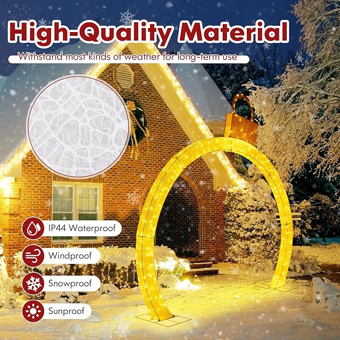 Tangkula 10.5 FT Outdoor Christmas Lighted Archway with Gold Ornament Cap, 300 Warm White LED Lights, Zip Ties & Stakes, Holiday Xmas Yard Decorations