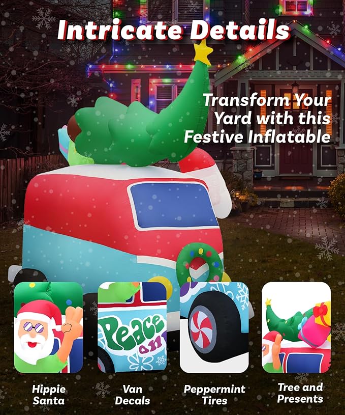 Holidayana Christmas Inflatables Large 8ft Tall Santa Hippie Van - Inflatable Outdoor Christmas Decorations Blow Up X-mas Decorations for Yard, Lawn & Garden Internal Lights & Built-in Fan