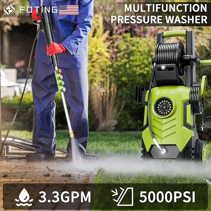 2025Upgraded Pressure Washer 5000PSI with Adjustable Touch Screen 8 Level, 34" Tall, 4 Quick Connect Nozzles,Inlet Hose&Filter&500mlFoam Cannon for Cars/Fences/Driveways/Home Cleaning,Yellow