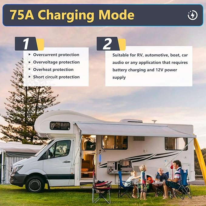 75A RV Power Converter 110VAC to 12VDC RV Converter 75 Amp RV Power Converters Built-in 4 Stage Smart Battery Charger for Lithium Batteries RV Converters Fully Adjustable Output from 13V to 16.5V