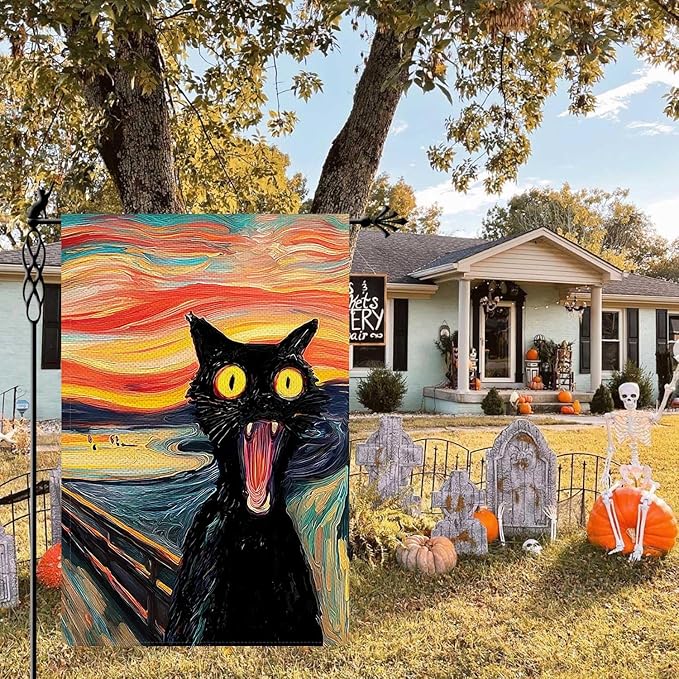 Scream Black Cat Garden Flag Halloween Garden Flag Vertical Double Sided Rustic Farmland Burlap Yard Lawn Outdoor Decor 12.5x18"