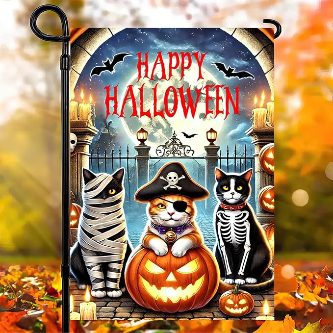 Happy Halloween Garden Flag Double Sided 12x18 Flag Halloween Garden Flag Cat Pumpkin Flag Bat Funny Cat And Jack Lantern Home Outdoor Lawn Porch Yard Decor Banner