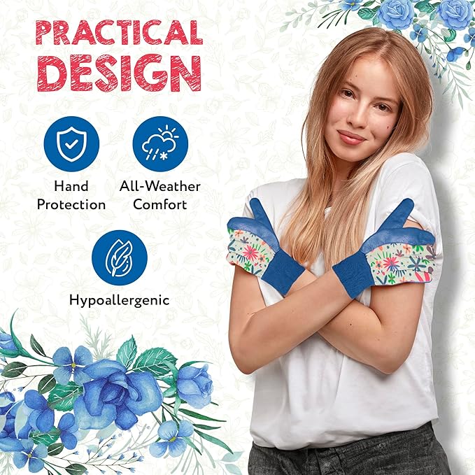 Floral Gardening Gloves for Women, 9 Inch. 6 Pairs Cotton Work Gloves with Knit Wrist. Gardening Gifts for Women