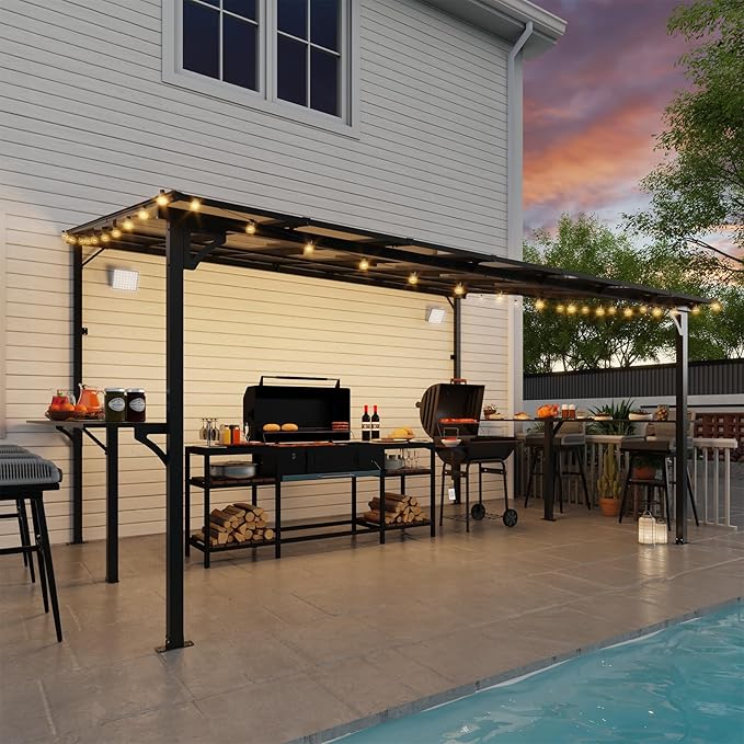MEISSALIVVE 10' x 14' Wall Mounted Gazebo, Outdoor BBQ Grill Gazebo with Side Shelf, Lean to Metal Awnings with Sloped Roof, Heavy Duty Pergola for Backyard, Deck, Black