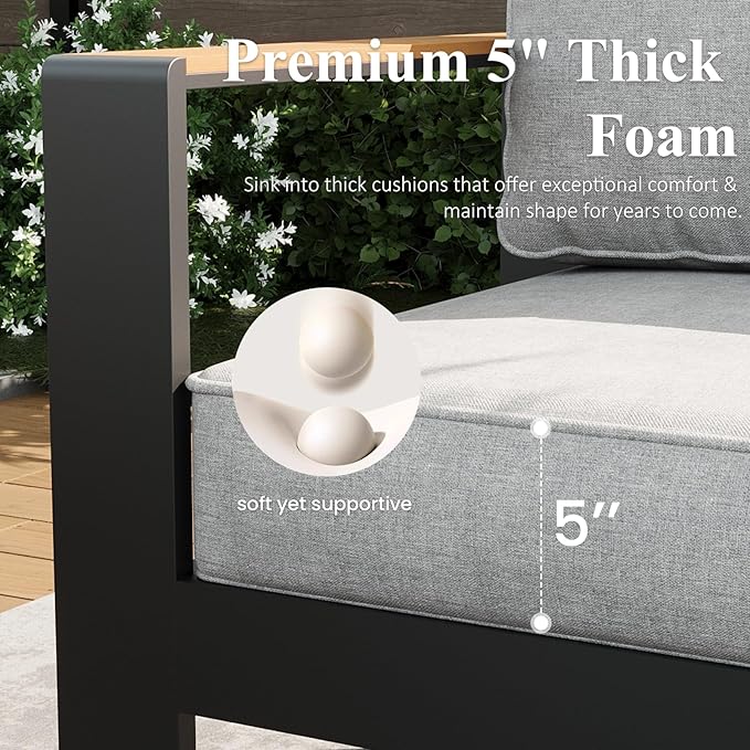 LayinSun 5 Piece Aluminum Outdoor Furniture Set with Coffee Table, Outside Patio Deep Seating Conversation Set with Upgraded Washable Thick Cushion