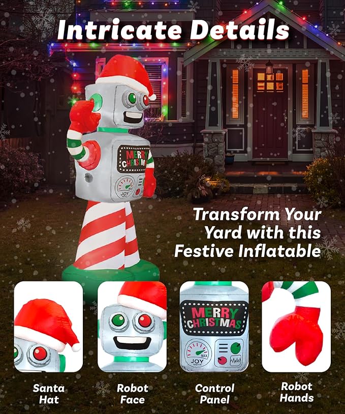 Holidayana 6 ft Christmas Inflatable Robot Yard Decoration - 6 ft Tall Lawn Decoration, Bright Internal Lights, Built-in Fan, and Included Stakes and Ropes