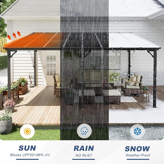 MEISSALIVVE 12' x 16' Wall Mounted Lean to Metal Awning with Sloped Roof for Outdoor Patio Backyard & Deck - Black