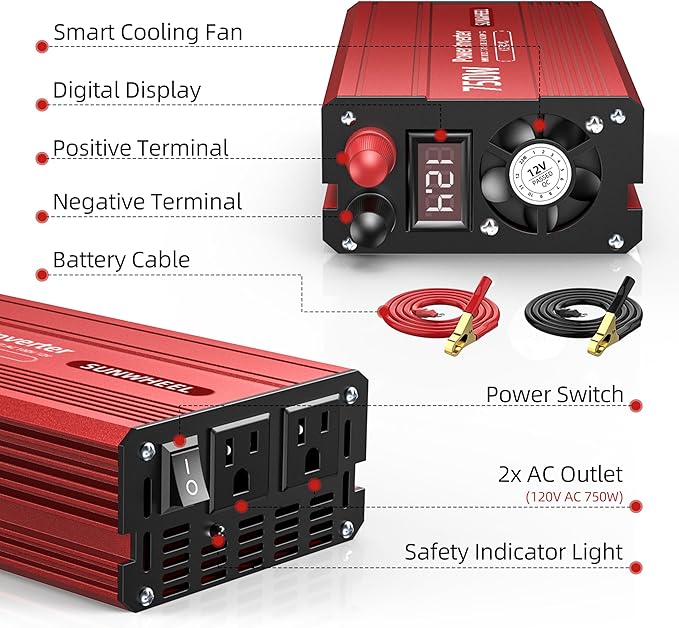 SUNWHEEL 750W Power Inverter, DC 12V to 110V AC Car Inverter with LCD Screen Display, 2 AC Outlets, Equipped with 2 Clips for Truck, Home, Vehicles, Laptop, Trip